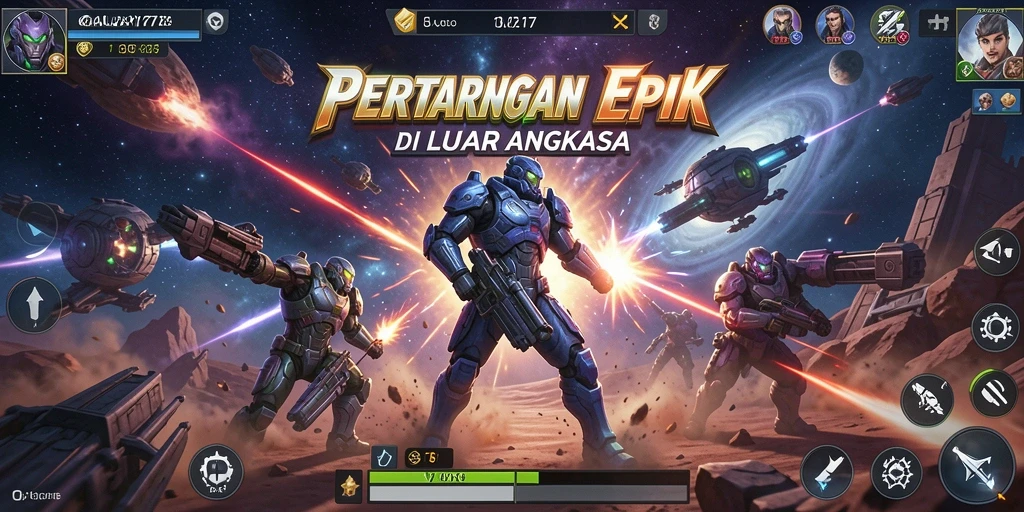 Tangkapan layar menampilkan karakter bertarung dengan latar belakang luar angkasa yang epik.