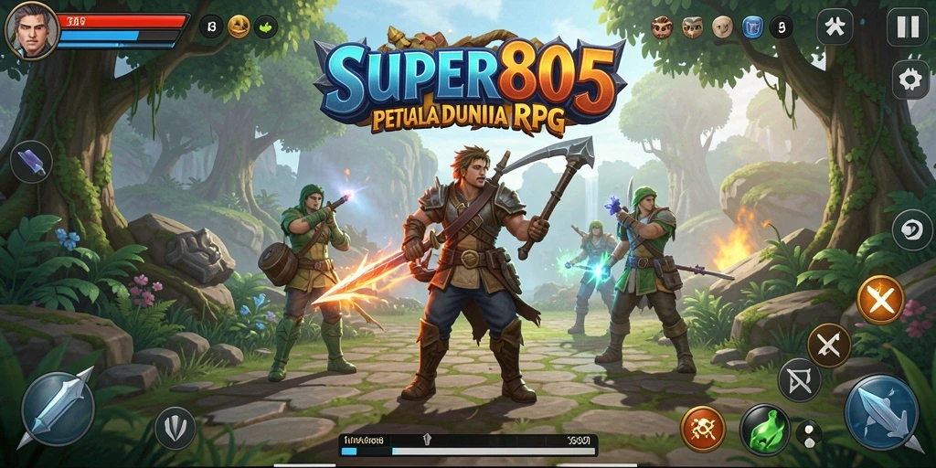 Screenshot utama SUPER805 menampilkan aksi pertarungan RPG yang mendebarkan.